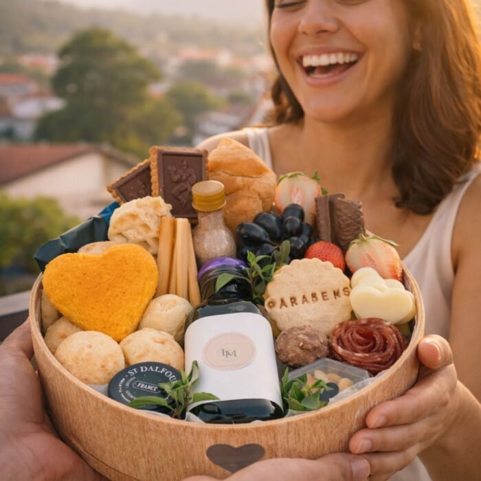 Mulher feliz recebendo cesta de café da manhã pela manhã, exemplo de quando enviar uma cesta de café da manhã em Sarzedo