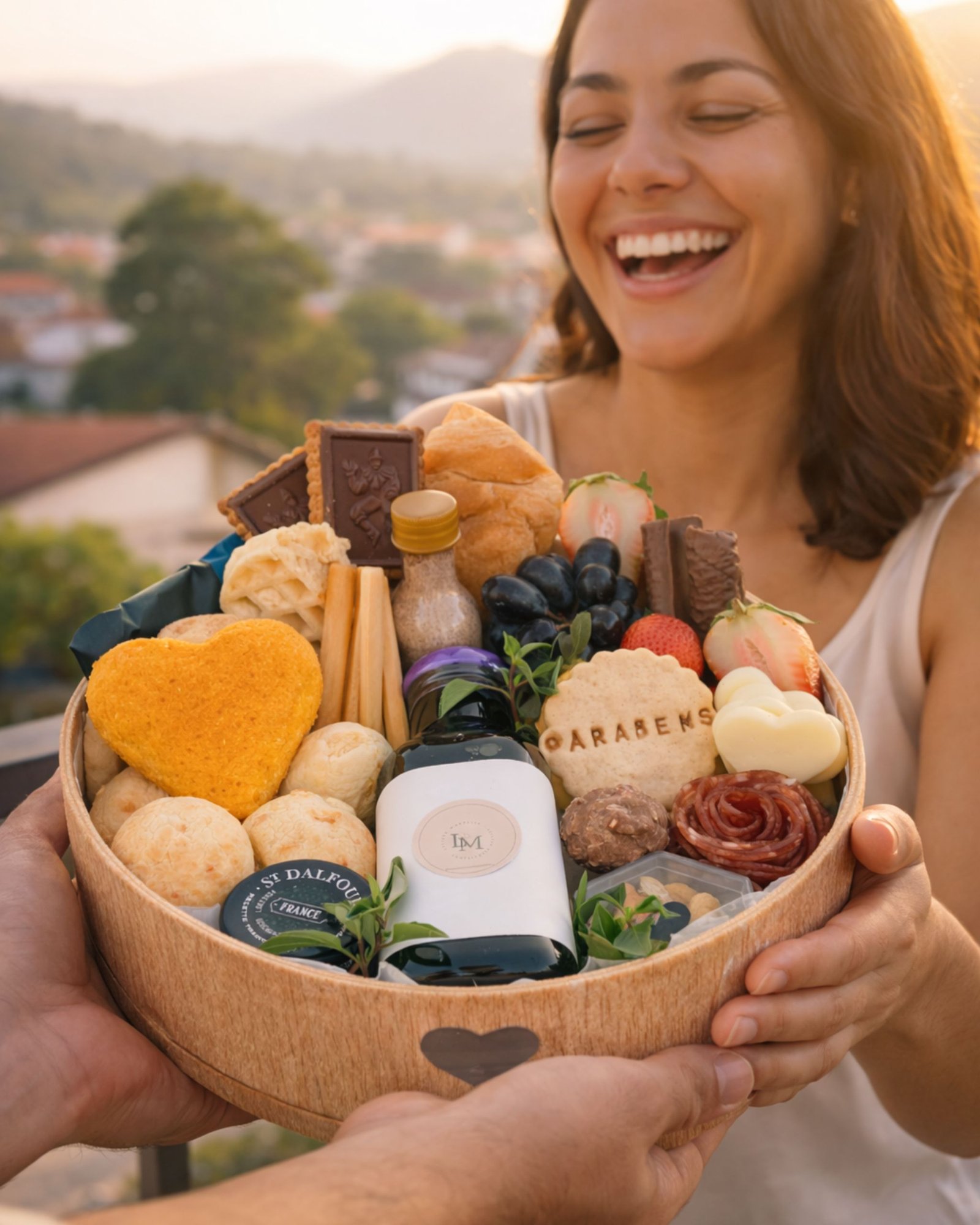 Mulher feliz recebendo cesta de café da manhã pela manhã, exemplo de quando enviar uma cesta de café da manhã em Sarzedo