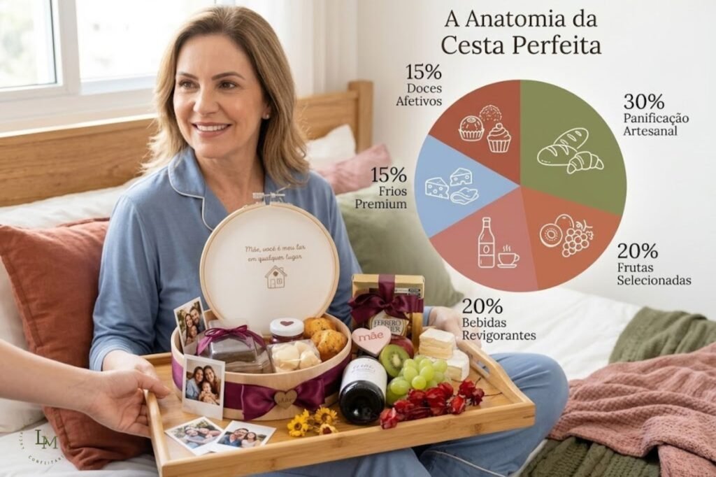 Gráfico infográfico ilustrando a anatomia e os ingredientes perfeitos de uma cesta de café da manhã para o Dia das Mães. Dicas exclusivas da Lú Monteiro Cestas em Sarzedo. fatias nas cores exatas da identidade visual que usamos antes (terracota, verde oliva, rosa queimado e azul suave) com ícones minimalistas indicando: 30% Panificação Artesanal, 20% Frutas Selecionadas, 20% Bebidas Revigorantes, 15% Frios Premium e 15% Doces Afetivos.