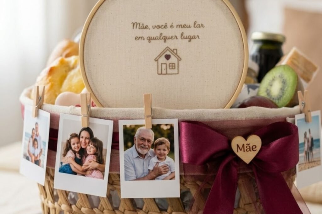 Detalhes emocionantes de uma cesta de café da manhã de luxo para o Dia das Mães em Sarzedo. Fotos Polaroid penduradas, laço de cetim vinho e bastidor bordado personalizado.