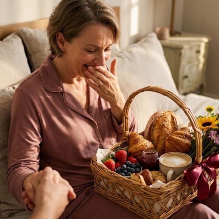 Foto realista de uma mãe emocionada e sorrindo na cama, recebendo uma luxuosa cesta de café da manhã dia das mães em Sarzedo repleta de pães artesanais, frutas frescas e girassóis.