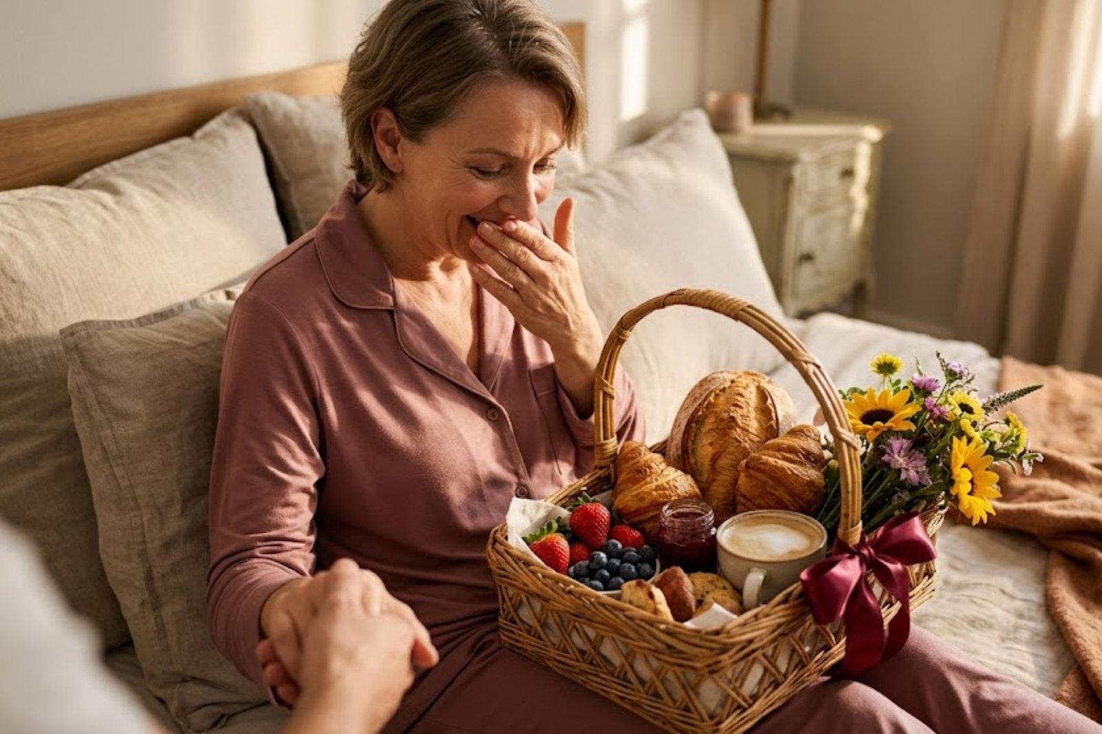 Foto realista de uma mãe emocionada e sorrindo na cama, recebendo uma luxuosa cesta de café da manhã dia das mães em Sarzedo repleta de pães artesanais, frutas frescas e girassóis.