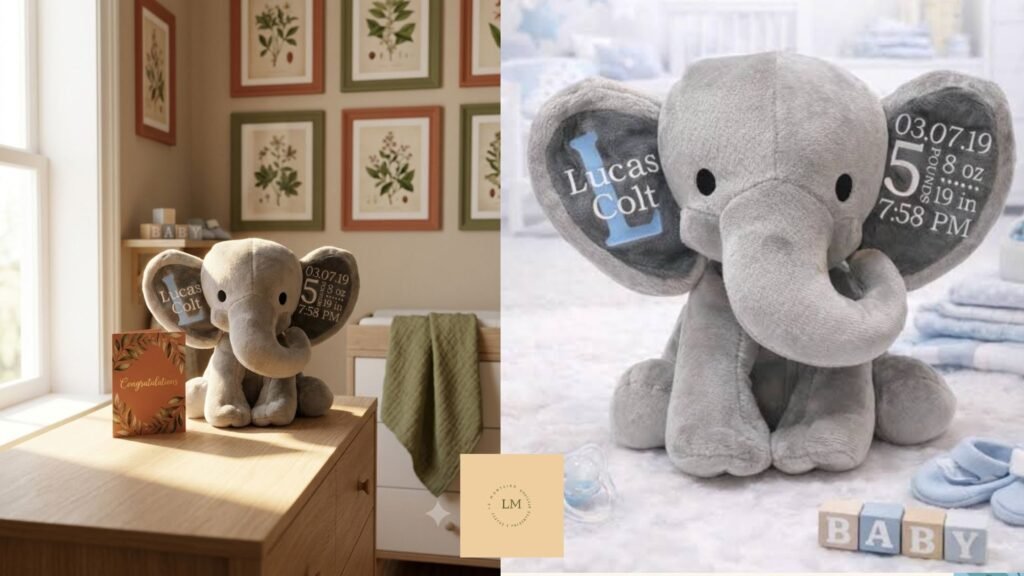 Fotografia realista e aconchegante de um quarto de bebê decorado em tons neutros e aconchegantes (bege, terracota suave, verde oliva), com uma pelúcia de elefante cinza claro de 25cm sentada sobre uma cômoda de madeira clara, ao lado de um pequeno cartão de felicitações e um raio de luz natural suave da janela. Estilo editorial, foco raso, atmosfera calorosa e afetiva, sem pessoas visíveis, iluminação de fim de tarde, paleta de cores Vintage Botânico Afetivo. venda lu monteiro cestas de café manhã em sarzedo