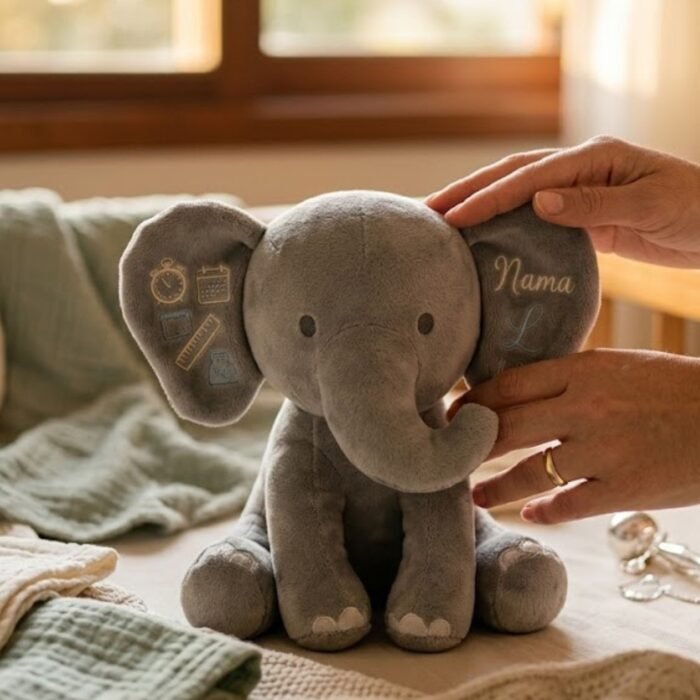 Mãos femininas segurando uma pelúcia personalizada de elefante cinza com ícones de nascimento bordados nas orelhas, apoiada sobre um berço com luz natural.