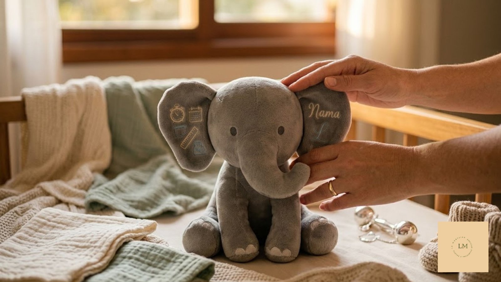 Mãos femininas segurando uma pelúcia personalizada de elefante cinza com ícones de nascimento bordados nas orelhas, apoiada sobre um berço com luz natural.