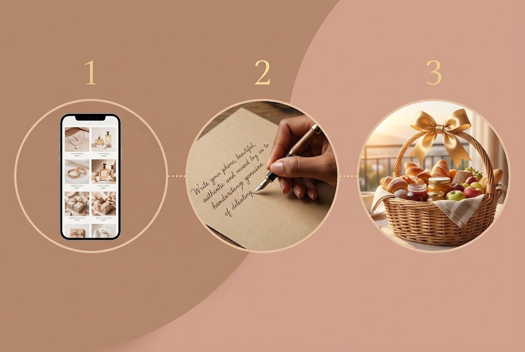 Design de infográfico limpo, elegante e minimalista com tons quentes (marrom claro, dourado, rosa chá). Layout horizontal com 3 etapas sequenciais (círculos) conectadas por uma linha pontilhada dourada delicada. Etapa 1: Um smartphone moderno exibindo um catálogo elegante de presentes na tela. Etapa 2: Fotografia realista de uma mão humana feminina de pele morena escrevendo em um papel kraft com uma caneta tinteiro; a escrita é cursiva, real e delicada. Etapa 3: Uma foto realista de uma linda cesta rústica de café da manhã em palha trançada com laço de fita dourada brilhante, sendo entregue ao amanhecer com luz suave do sol. Sem textos longos ou palavras, apenas os números 1, 2 e 3 de forma minimalista.