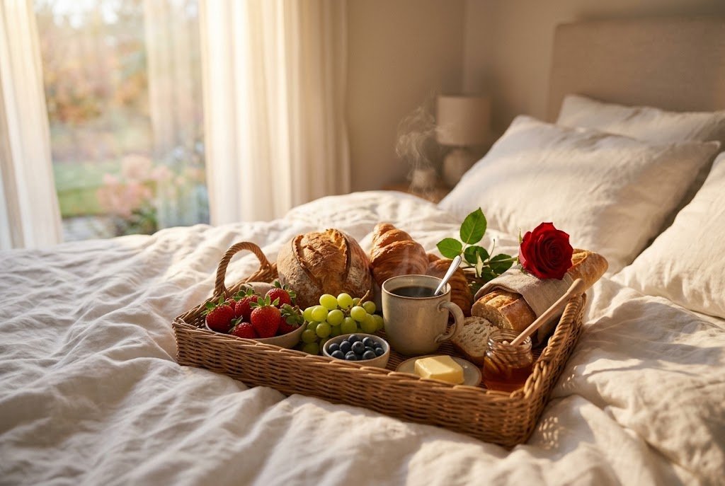 Uma bandeja de vime recheada com pães artesanais, croissants dourados, tigelas de frutas frescas (morangos, uvas, mirtilos), uma caneca fumegante de café e uma rosa vermelha solitária, servida sobre lençóis brancos em um quarto banhado pela luz do sol da manhã. Esta é a essência de uma Cesta de Café da Manhã em Ibirité entregue com amor e carinho.