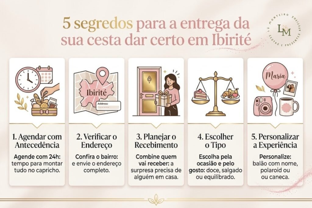 Infográfico com 5 segredos para a entrega de cesta de café da manhã em Ibirité